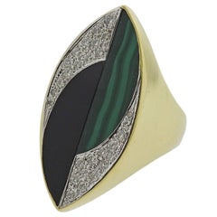 1970s La Triomphe Malachite Onyx Diamond Gold Ring