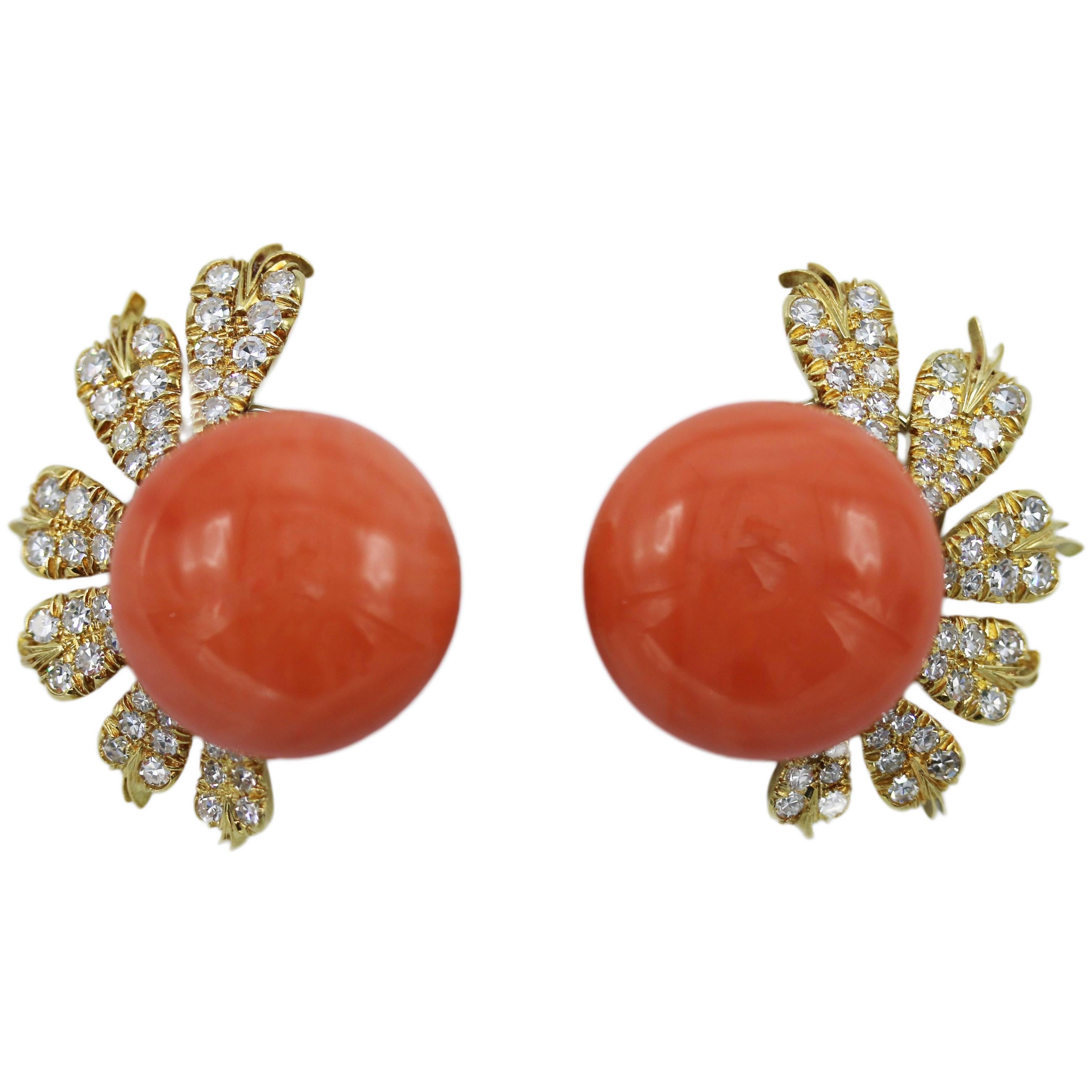 Italian Natural Coral and Diamond Earclips