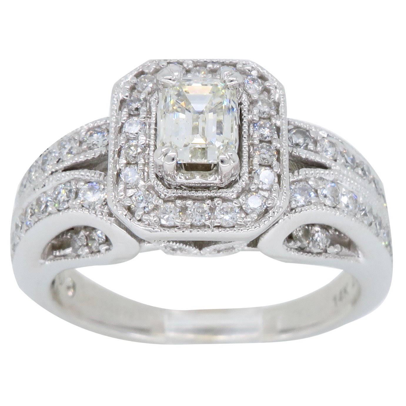 Vintage Style Emerald Cut Diamond Halo Engagement Ring