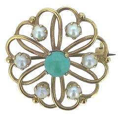 Turquoise and Pearl Brooch, Gold Heart Shaped Surround, Birmingham, 1971