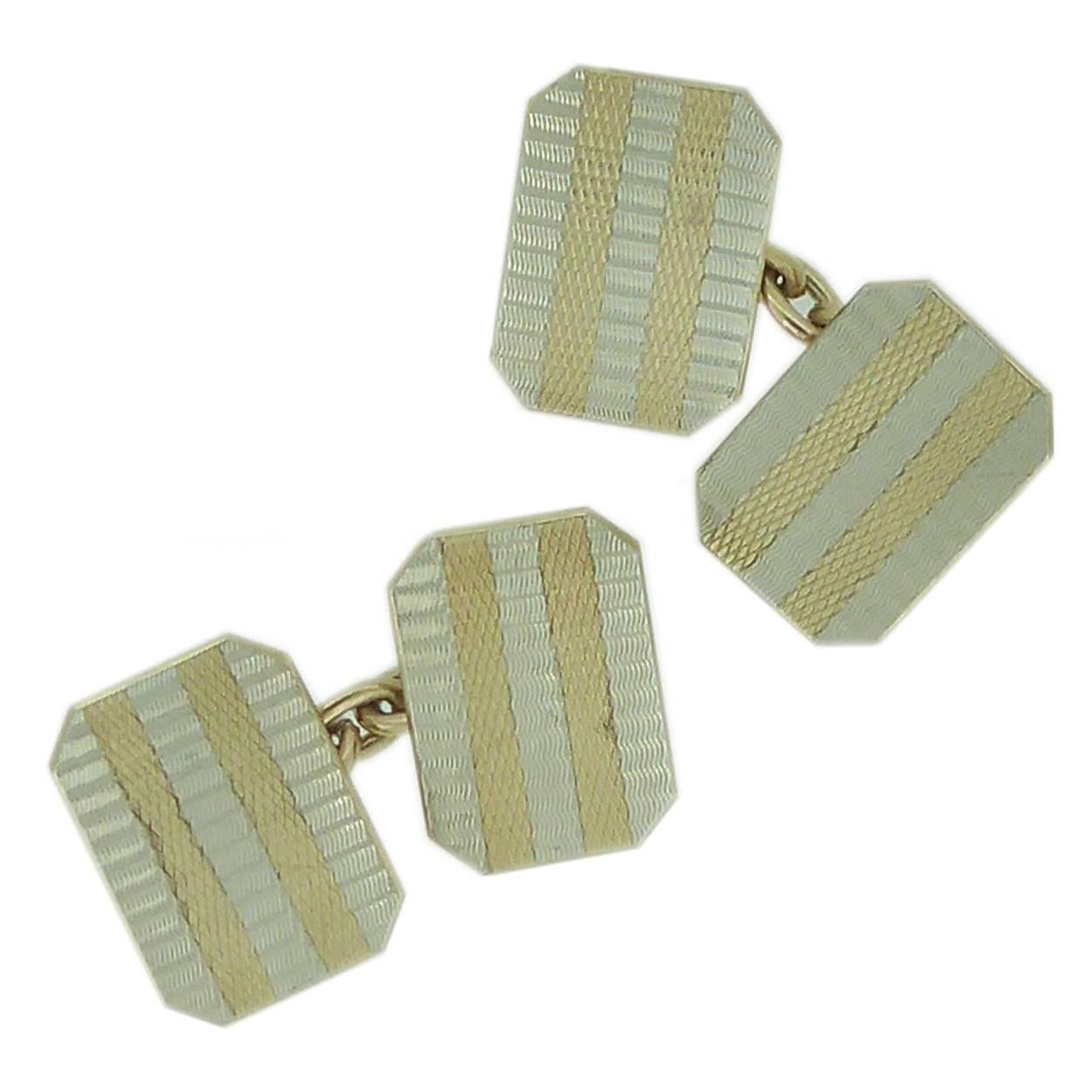 Art Deco Style Cufflinks in Yellow and White Gold, Machine Engraved, circa 1960s