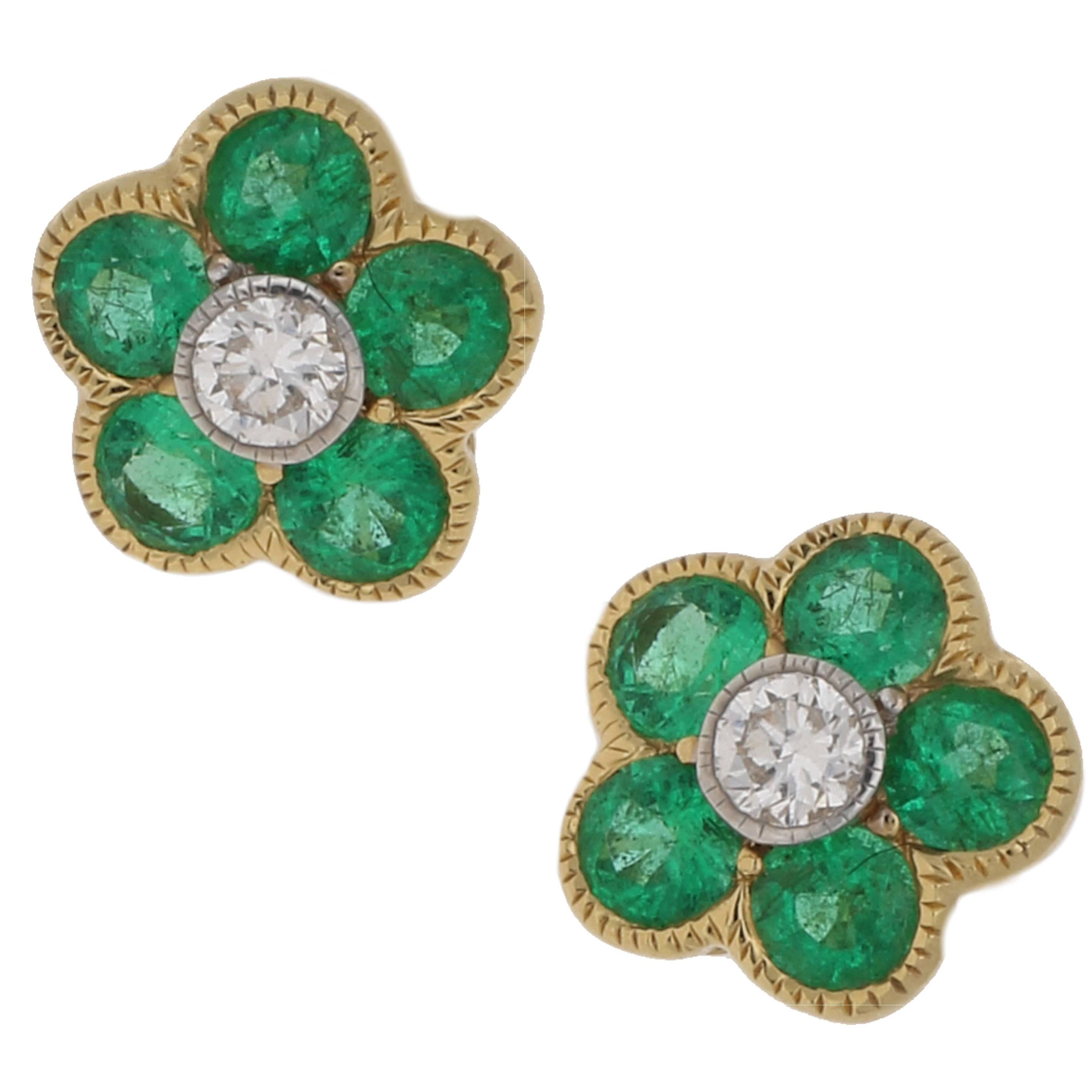 18 Carat Emerald Diamond Floral Stud Earrings