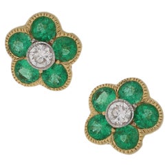 18 Carat Emerald Diamond Floral Stud Earrings 18 Carat Emerald Diamond Floral Stud Earrings