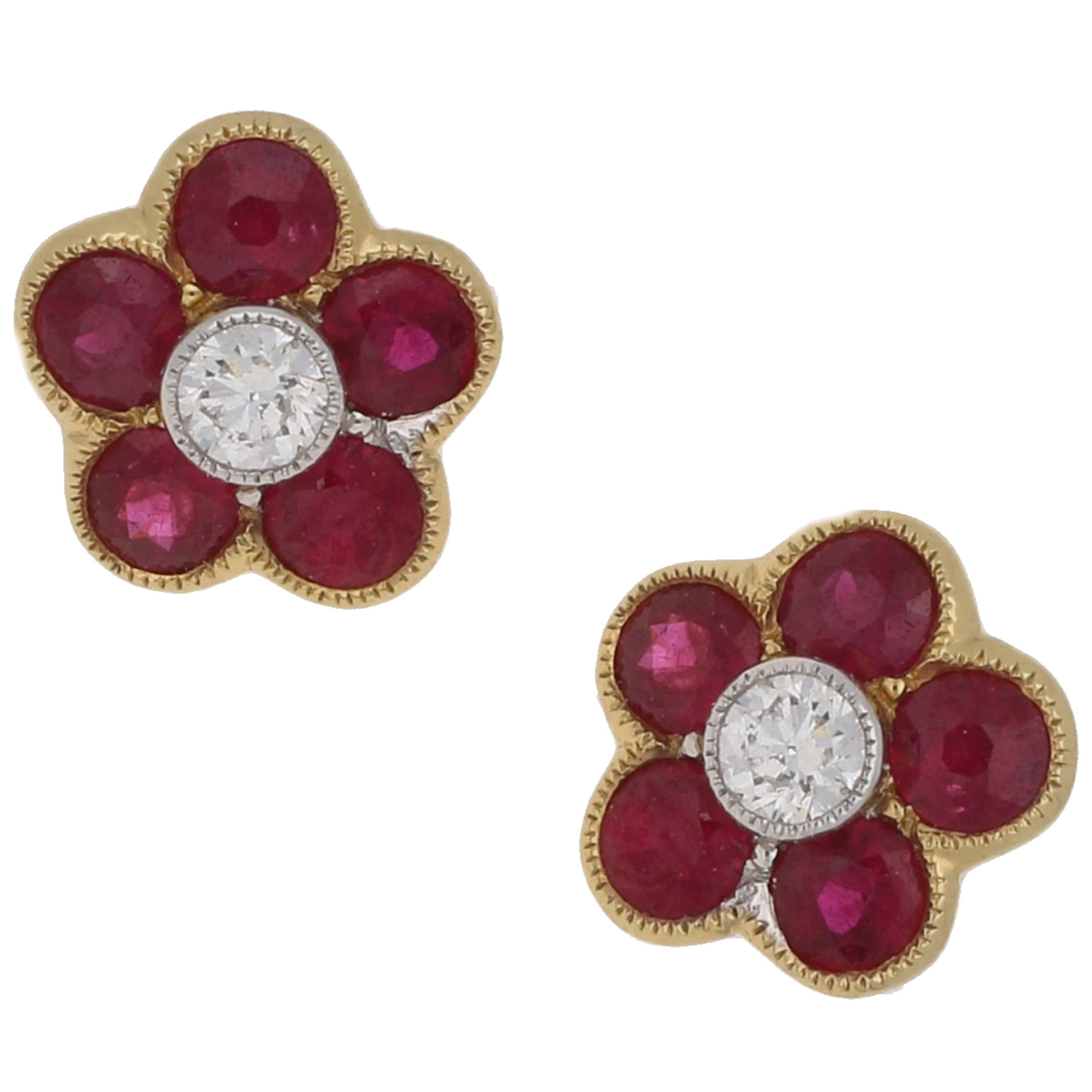 18 Carat Floral Ruby Diamond Stud Earrings