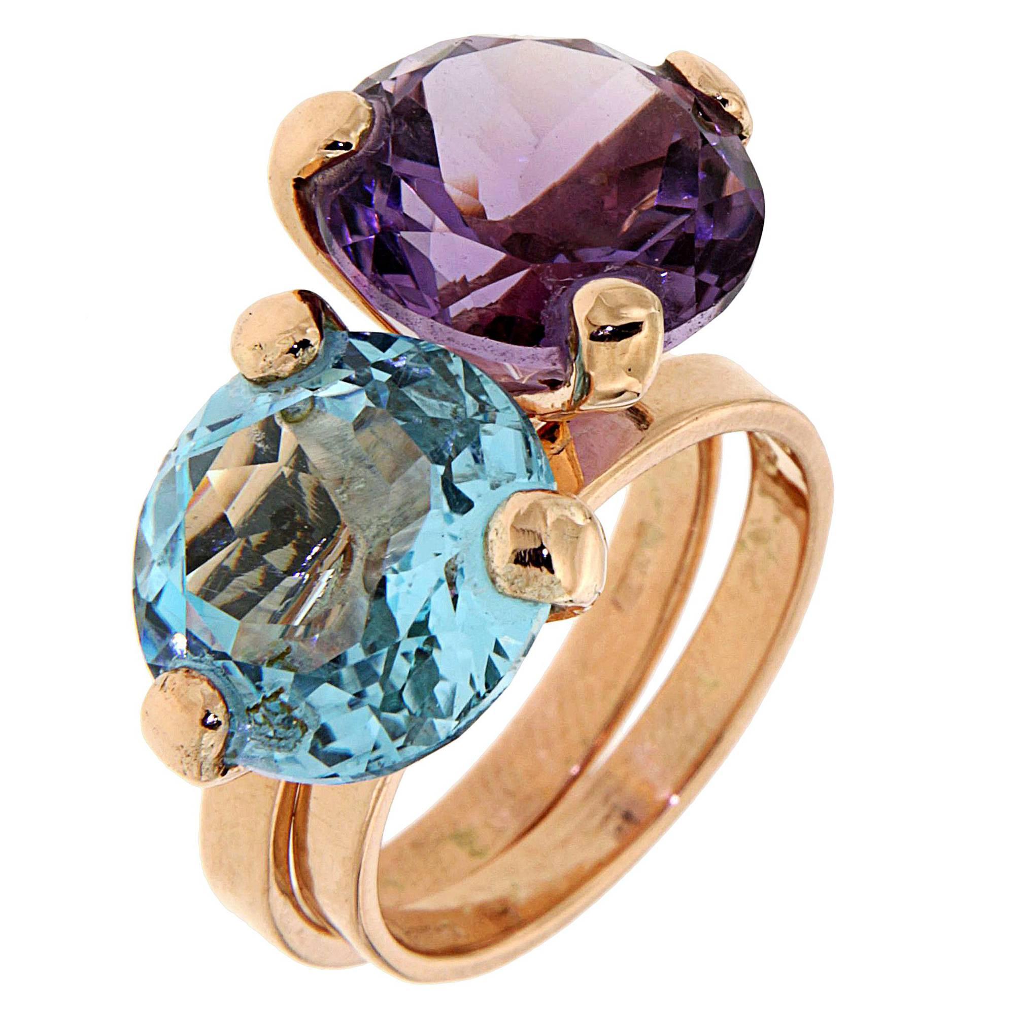 Blue Topaz Amethyst Rose Gold Ring Modern