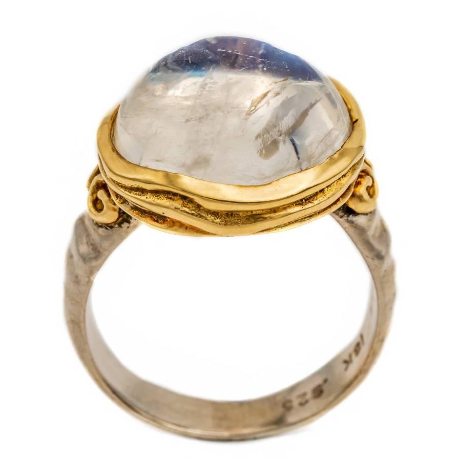 Large Oval Moonstone Ring in 18 Karat Yellow Gold and Sterling Silver