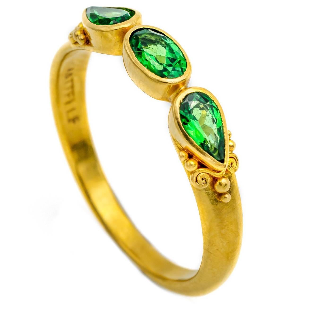 Oval and Pear Tsavorite Green Garnet Ring in 18 Karat Gold with Granulation