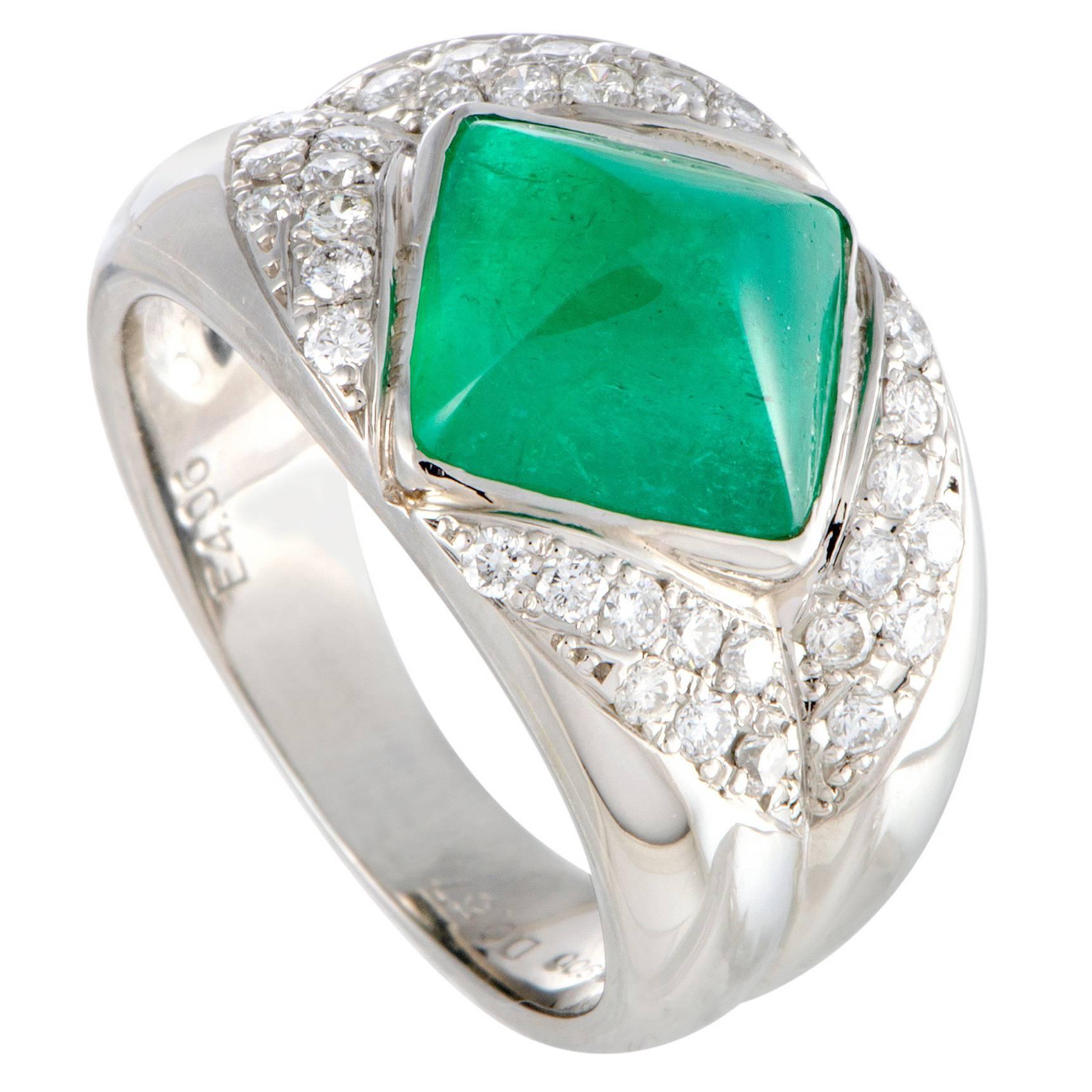 Diamond Pave and Emerald Pyramid Platinum Ring