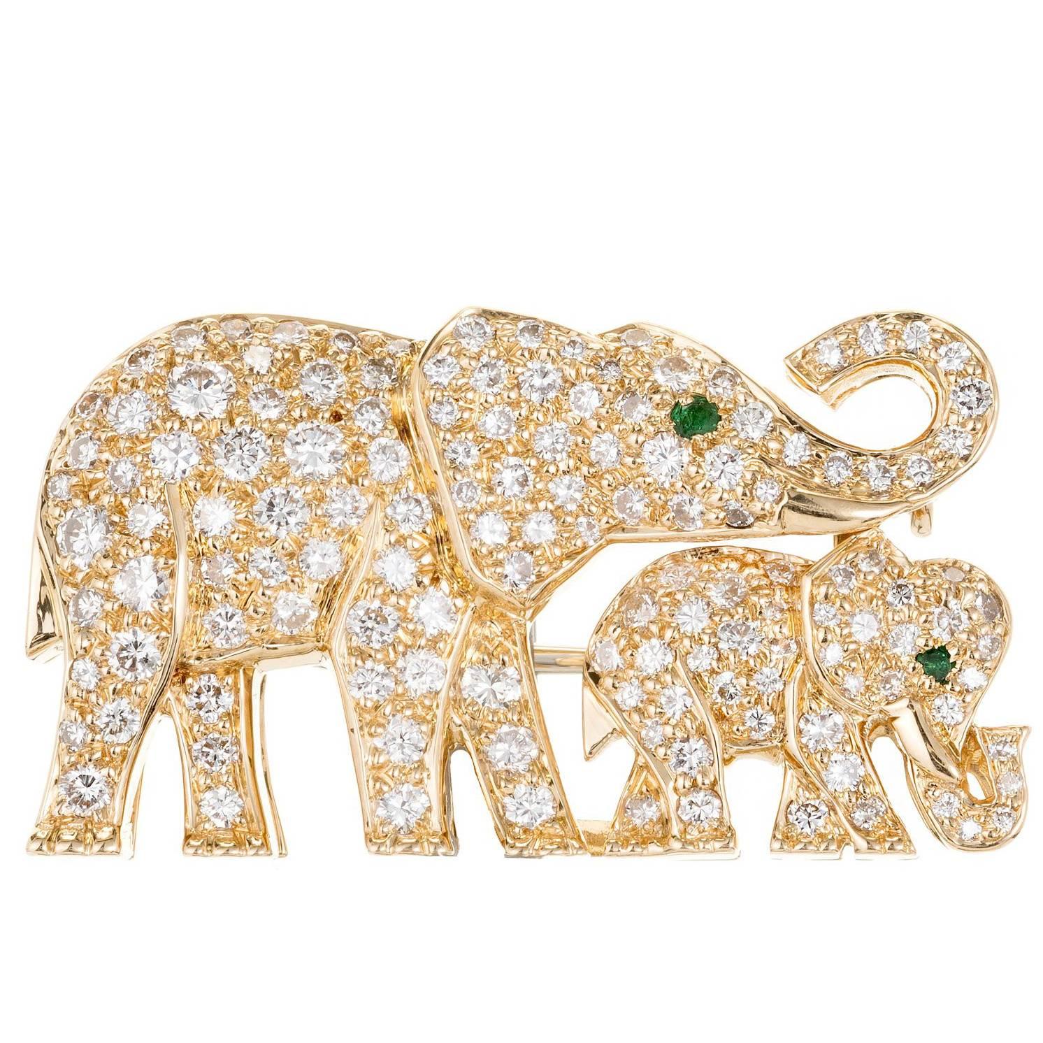 Cartier  Diamond Emerald Gold Elephant Brooch
