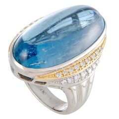 Diamond and Aquamarine Cabochon Platinum and Yellow Gold Ring