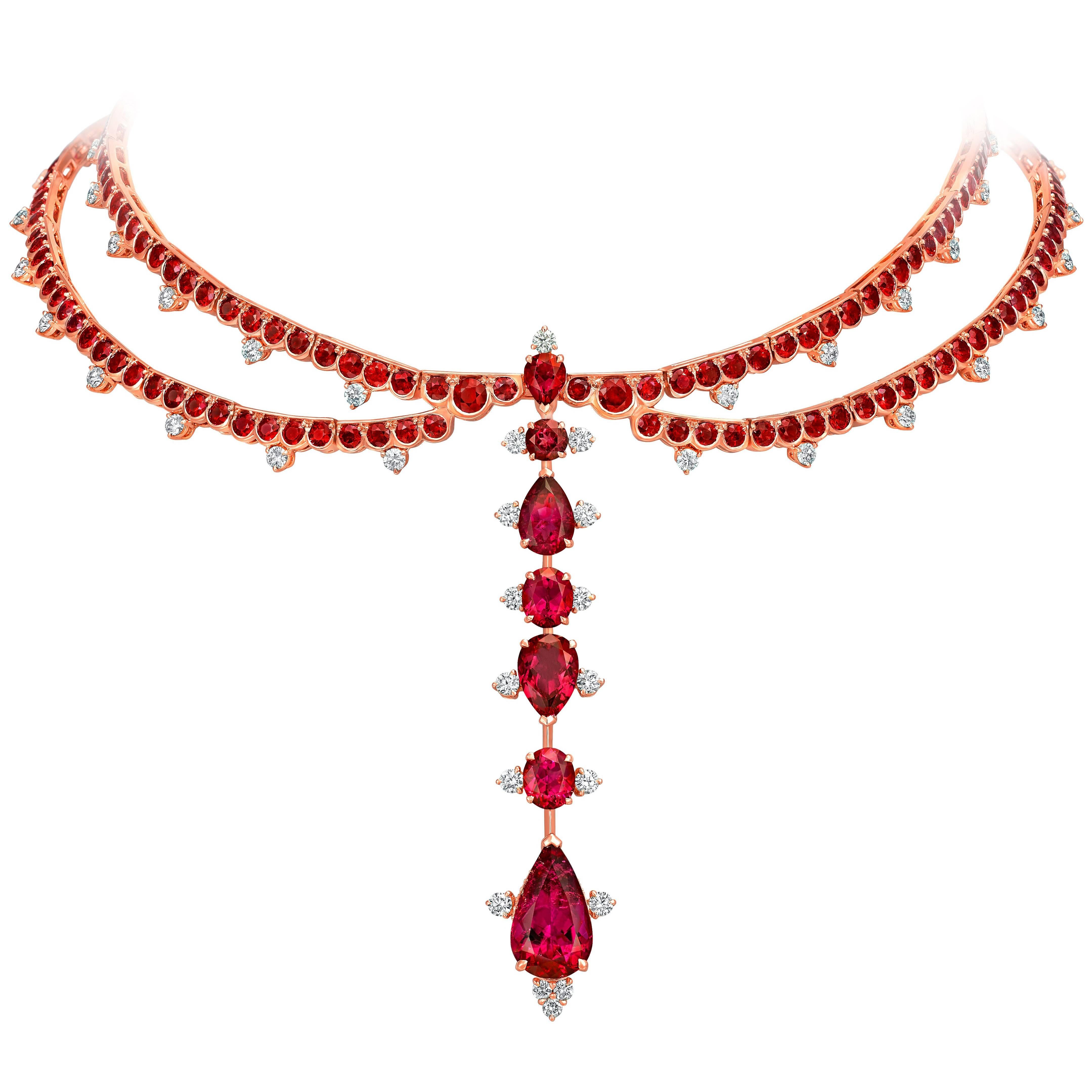 Rose Gold, White Diamonds Mozambican Ruby and Rubellite Choker Necklace