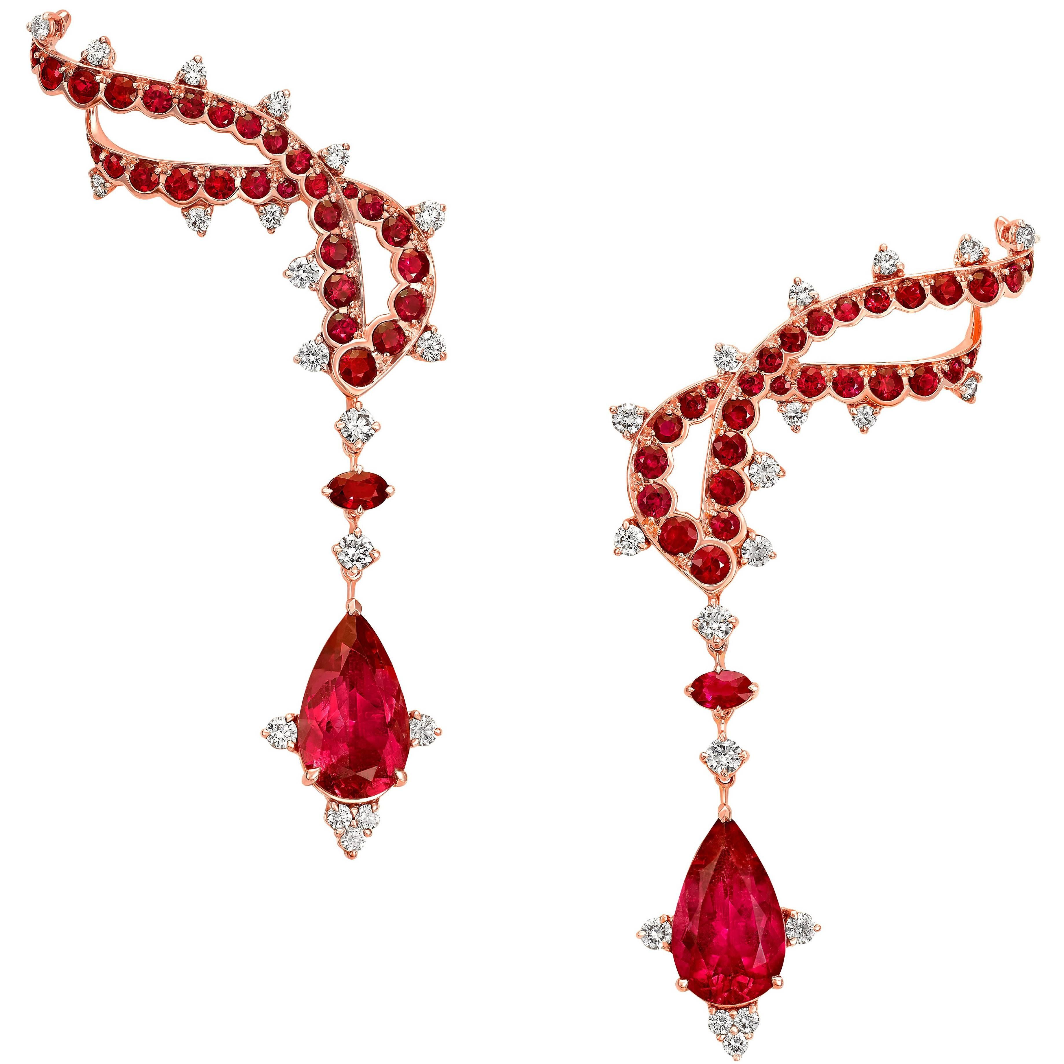Rose Gold, White Diamonds, Mozambican Rubies and Rubellite Ear Climbers Earrings