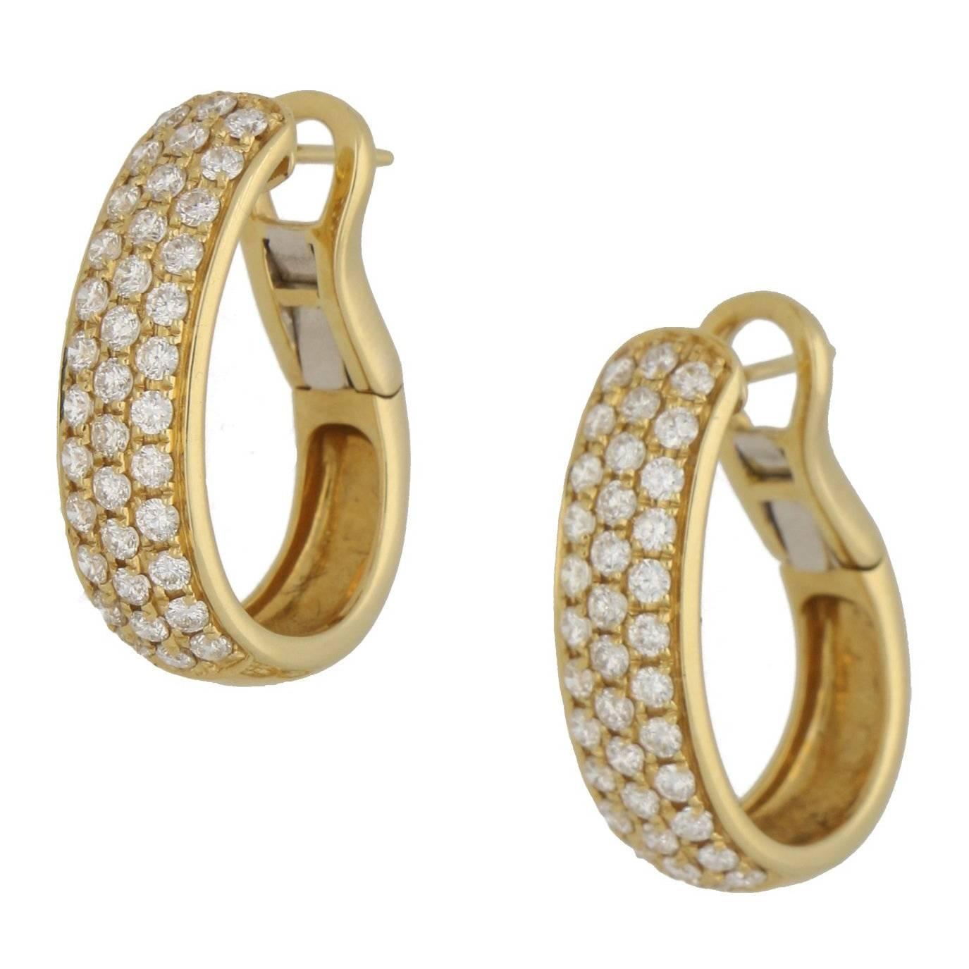 Triple Row Diamond Hoop Earrings in 18 Karat Gold 1.50cts