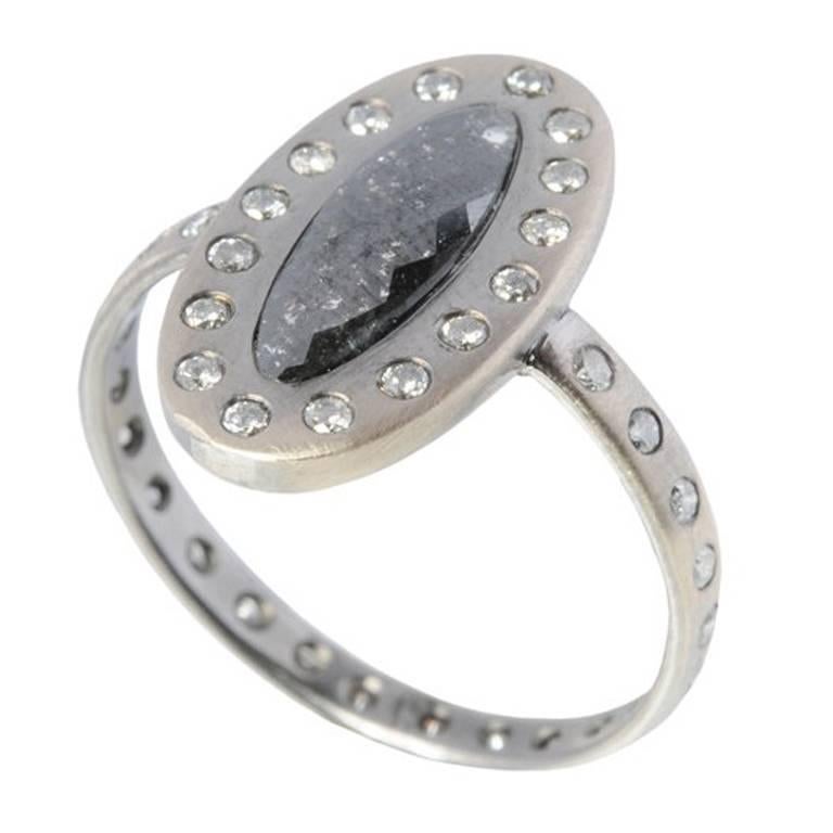 Sweet Pea Black Diamond White Gold Engagement Ring with Salt & Pepper Diamonds For Sale