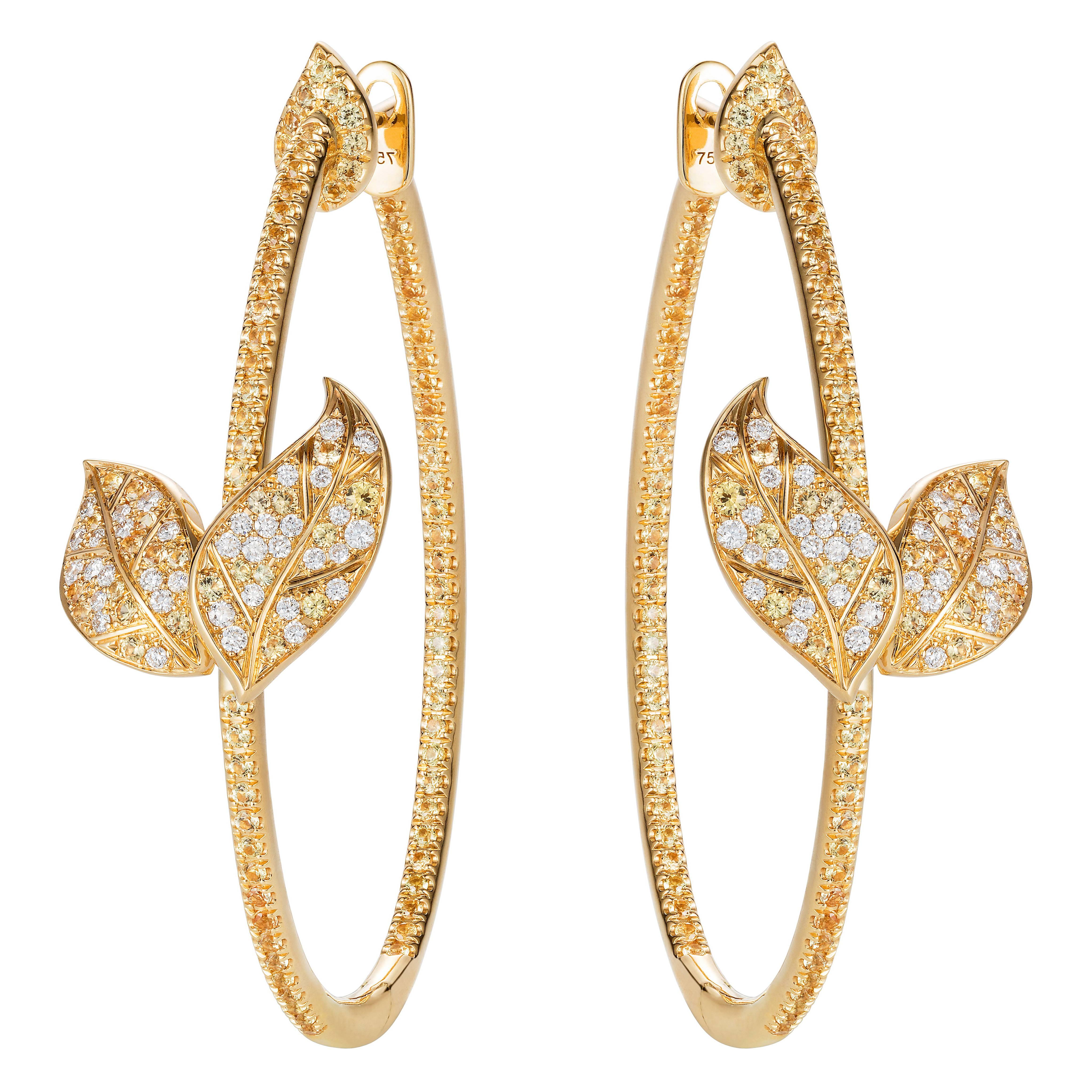 Nadine Aysoy Petite Feuilles 18 Karat Gold, Diamond and Sapphire Hoop Earrings For Sale