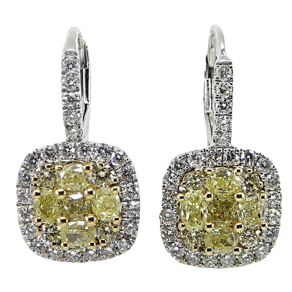 Fancy Yellow Diamond and White Diamond Dangle Earrings For Sale