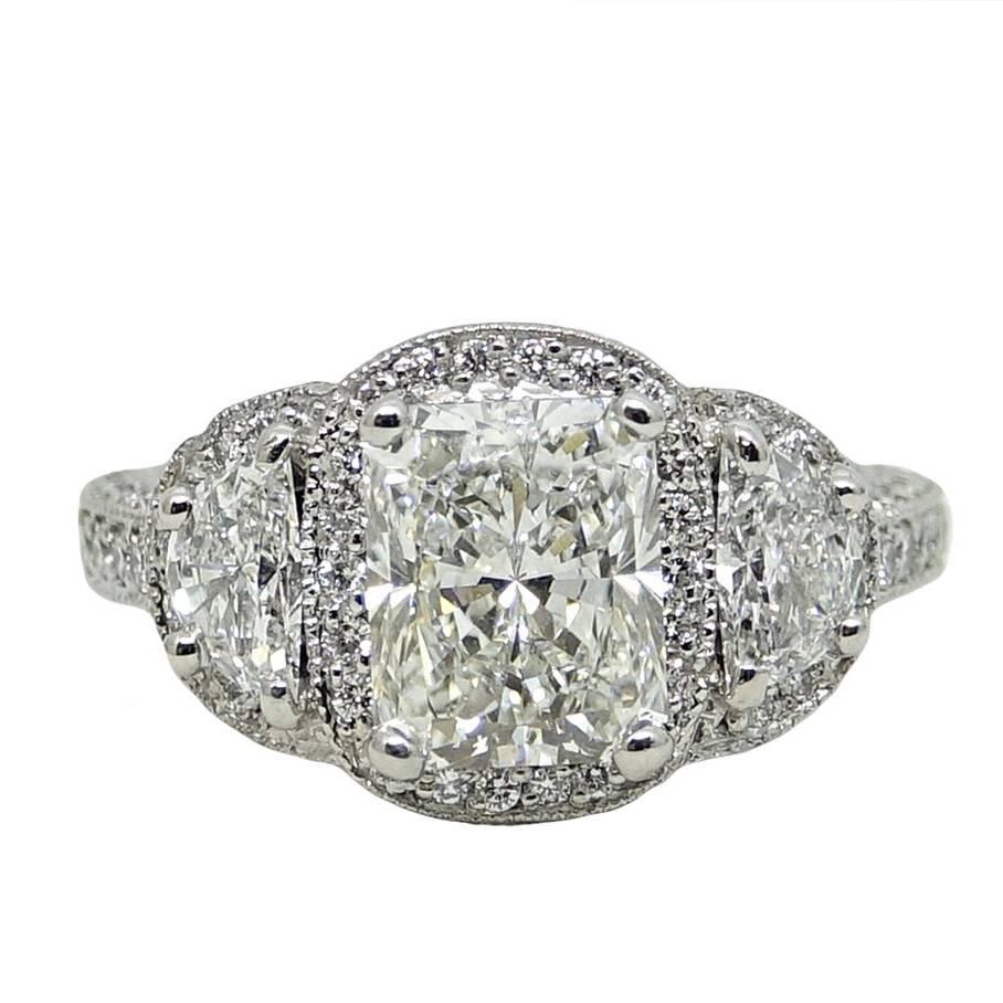 2.71 Carat Radiant Diamond and Half Moon Diamond Platinum Engagement Ring For Sale