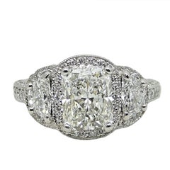2.71 Carat Radiant Diamond and Half Moon Diamond Platinum Engagement Ring
