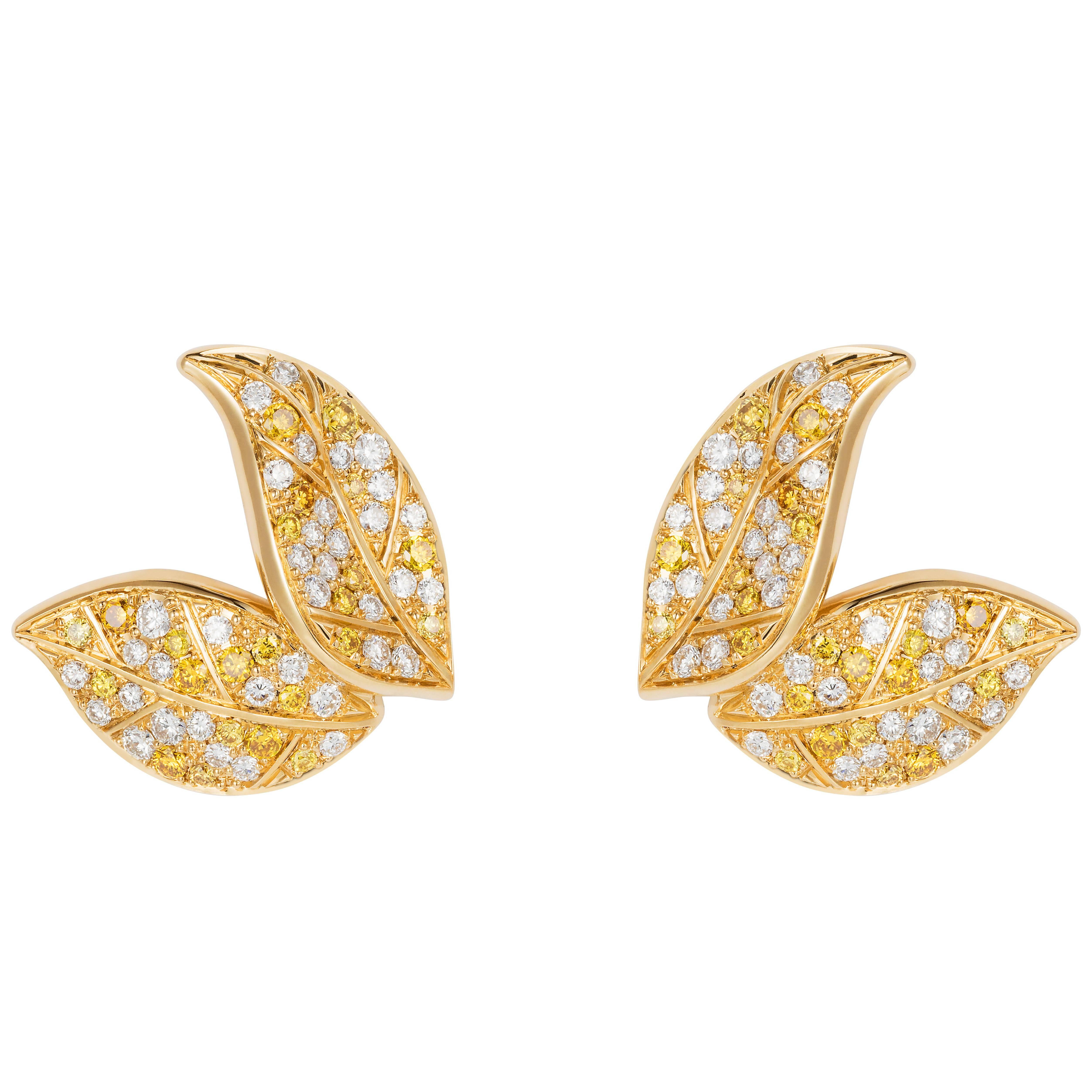 Nadine Aysoy Petite Feuilles 18 Karat Gold and Yellow and White Stud Earrings For Sale