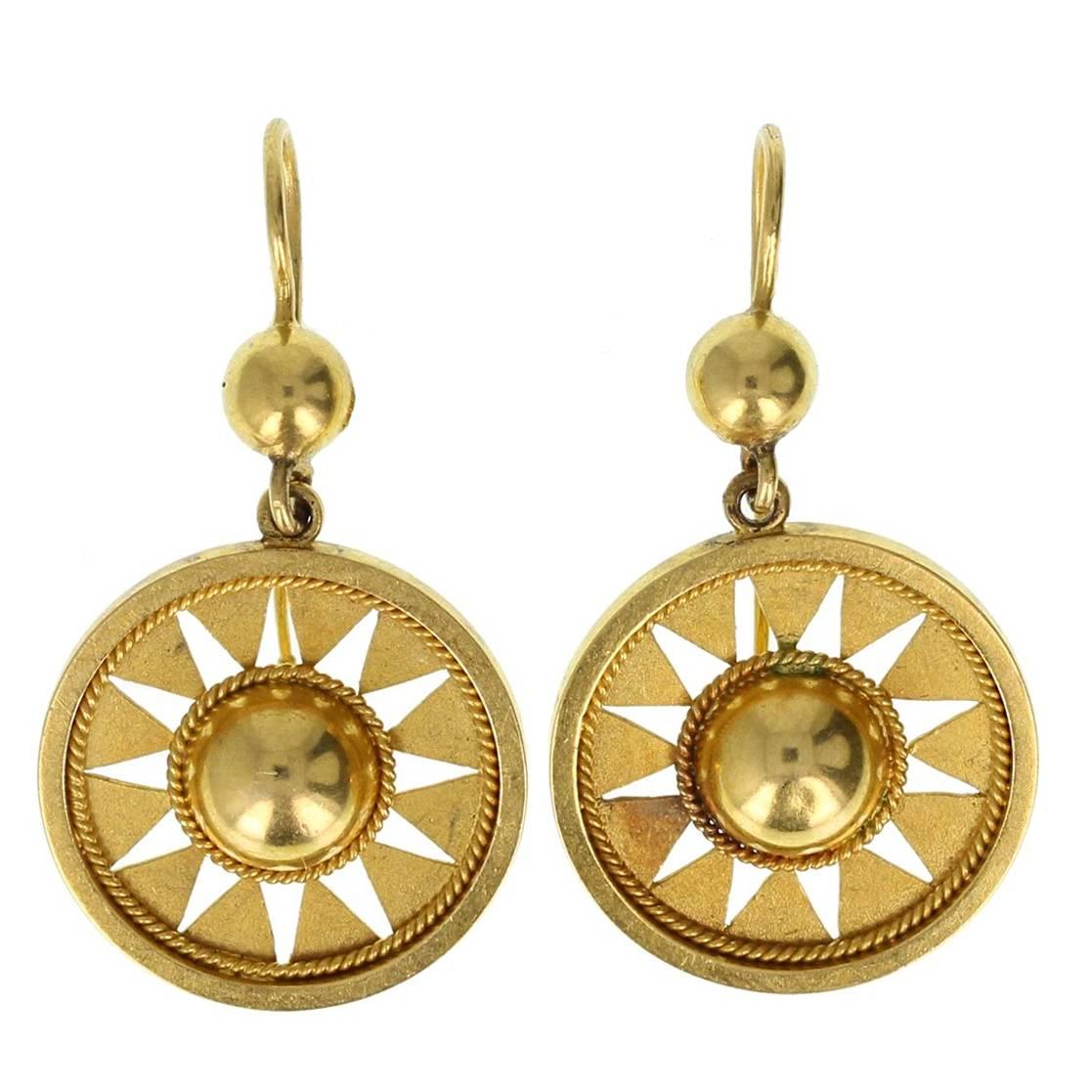 Antique Victorian Etruscan Style Star Burst 15 Carat Gold Drop Earrings