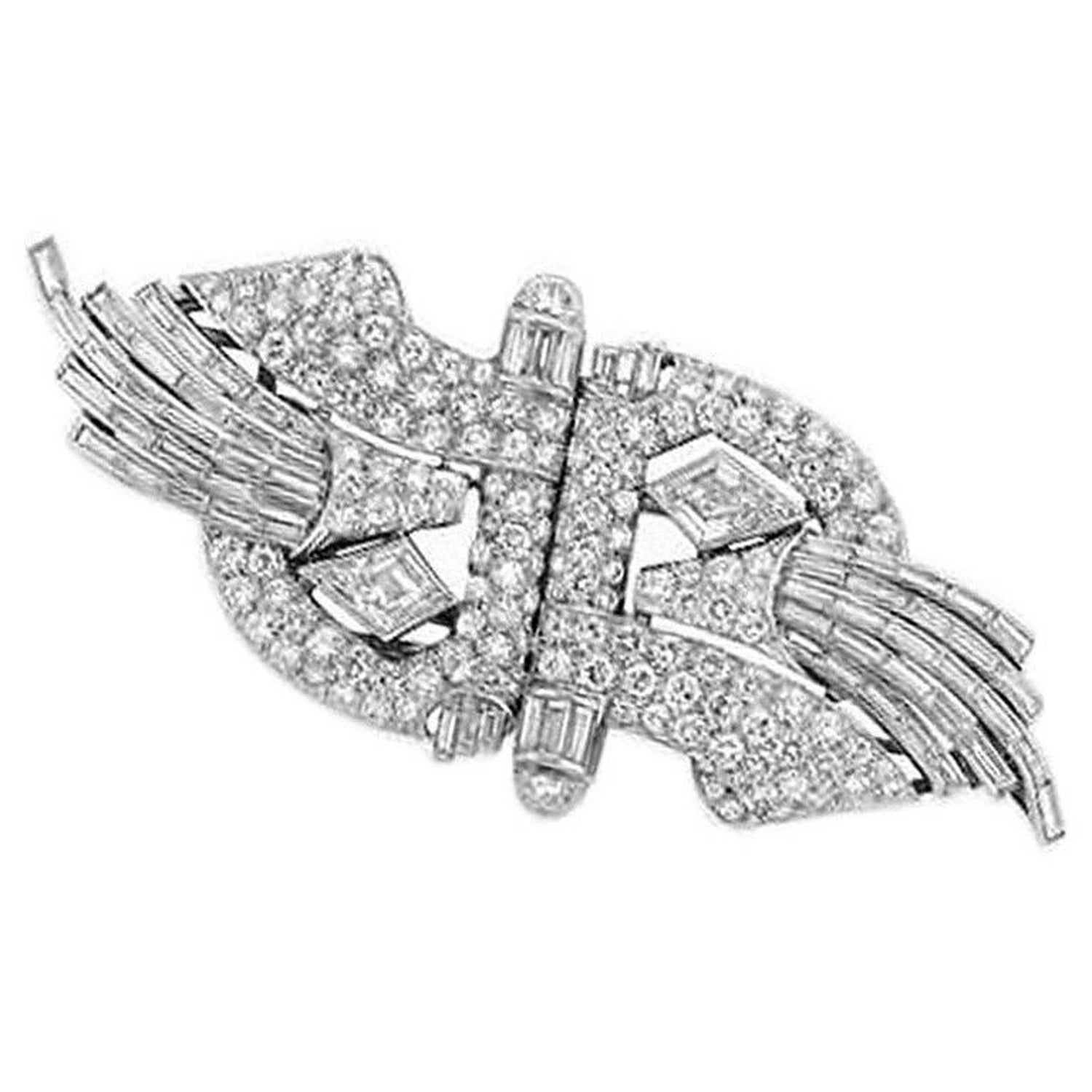 1930s Art Deco Diamond and Platinum Double Clip Brooch For Sale at 1stDibs