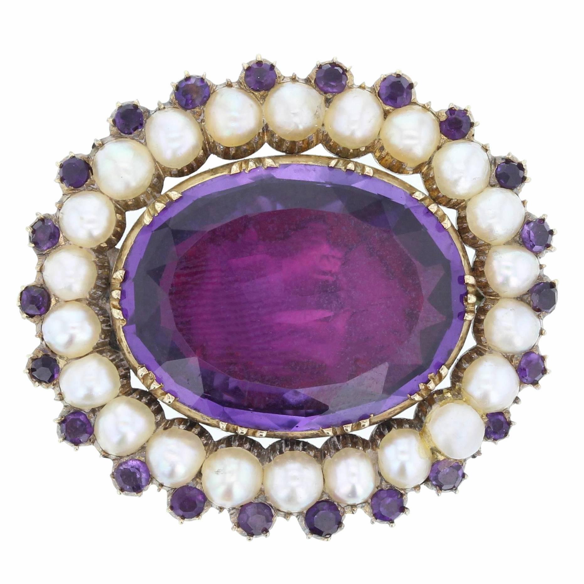 Antique Victorian Amethyst Pearl Gold Brooch For Sale