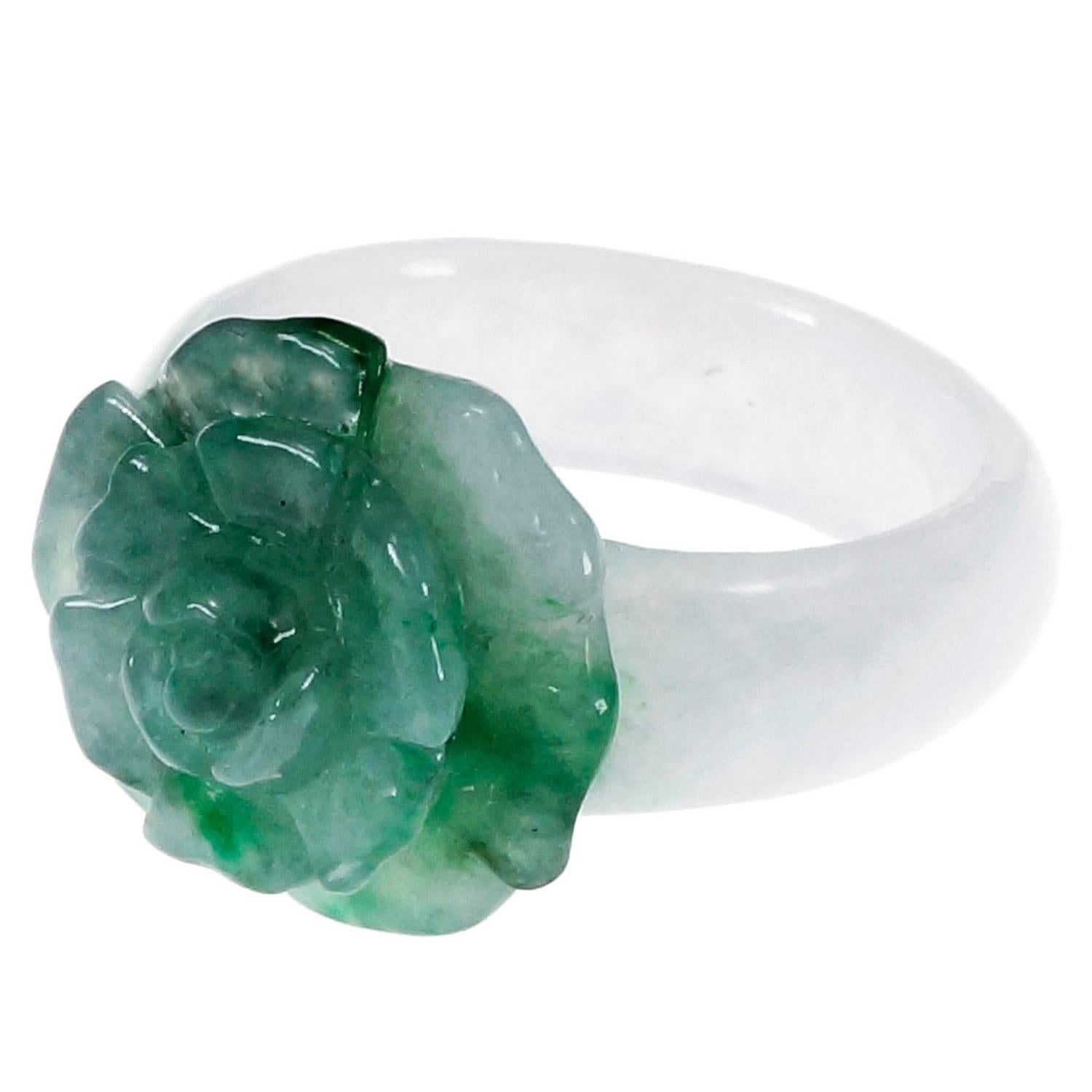 GIA Certified Natural Jadeite Jade Green White Flower Cocktail Ring