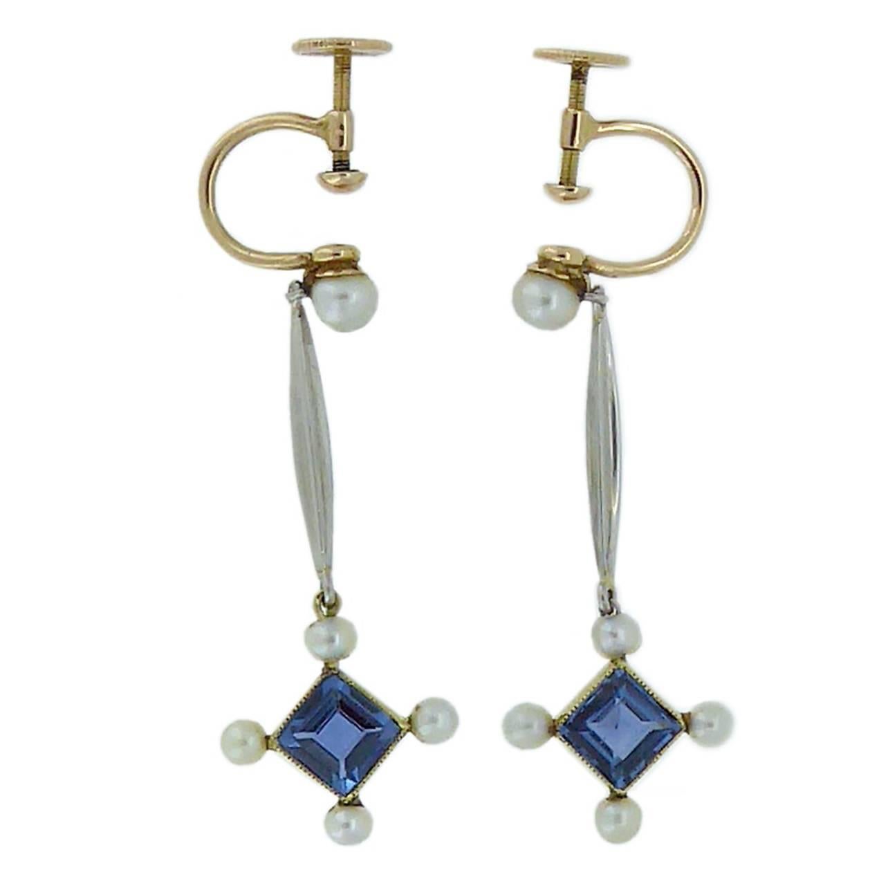 Edwardian Drop Earrings with Sapphire and Seed Pearl