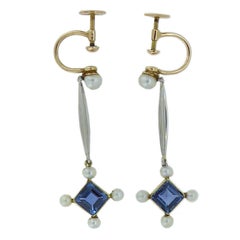 Antique Edwardian Drop Earrings with Sapphire and Seed Pearl