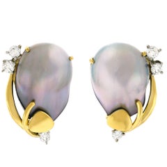 Retro Emil Meister Modernist Pearl and Diamond Set Gold Earrings