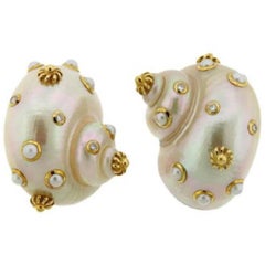 Trianon Seashell Pearl Gold Diamond Clip on Earrings