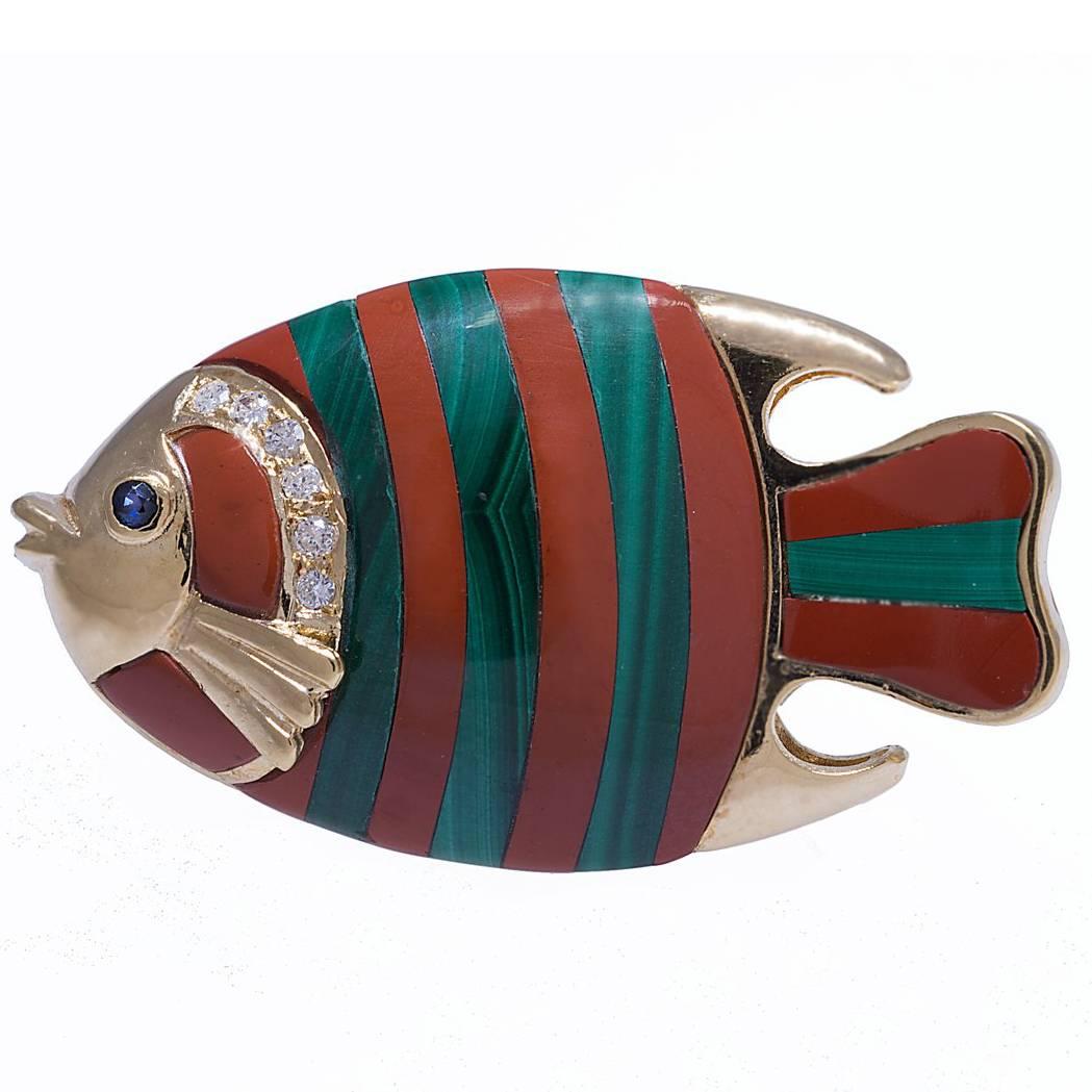 Coral and Malachite Fish Brooch For Sale