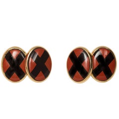 18 Karat Yellow Gold Double Cross Jasper and Onyx Cufflinks
