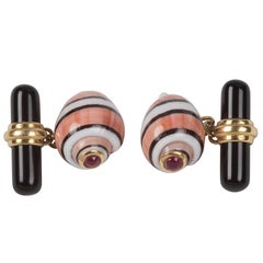 Natural Shell Gold Cufflinks in Onyx and Rubies