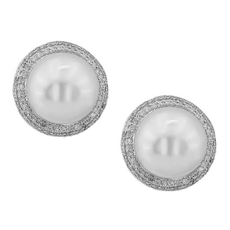 White Gold South Sea Pearl With Brilliant Cut 0.78 ct Diamonds Earrings  For Sale