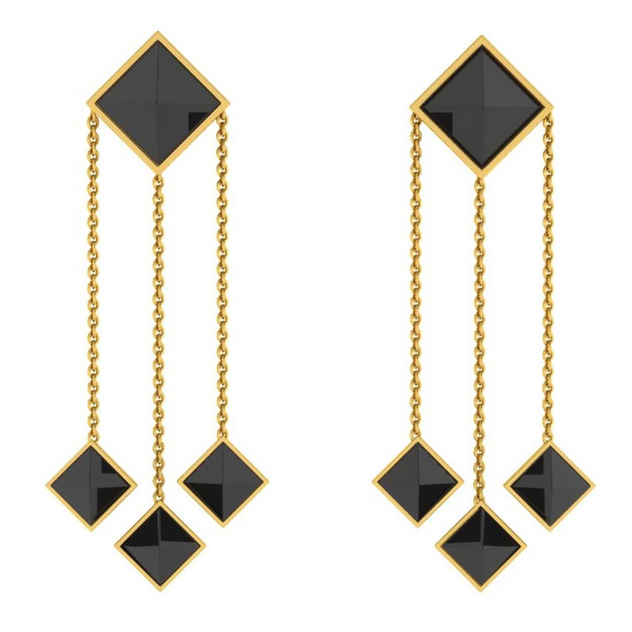 Ferrucci Black Onyx Pyramid Dangling 18 Karat Yellow Gold Earrings For Sale