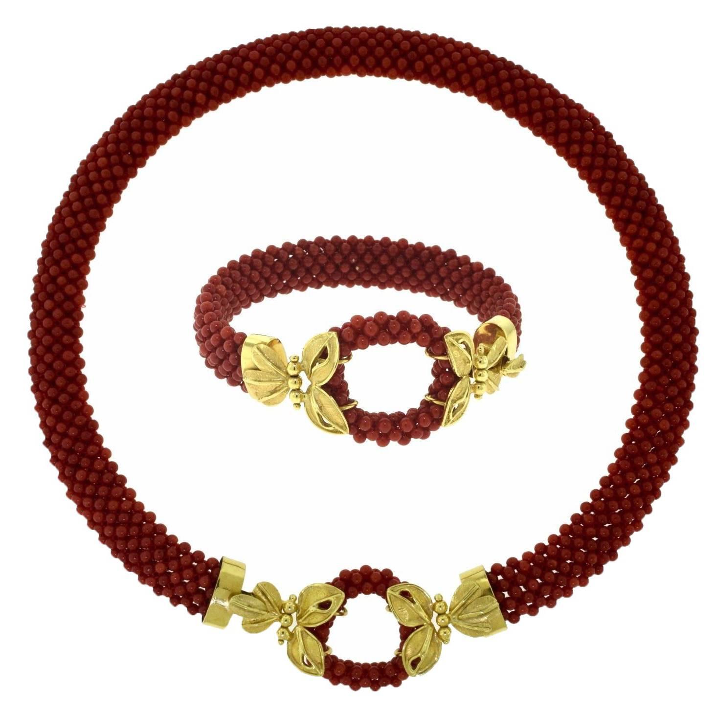 Magnificent Natural Red Coral Beaded and Yellow Gold Floral Two-Piece Set For Sale