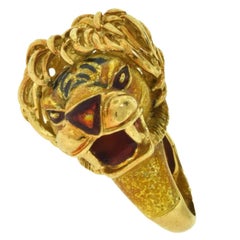 Rare European Yellow Gold Lion Head Designer Color Enamel Vintage Ring