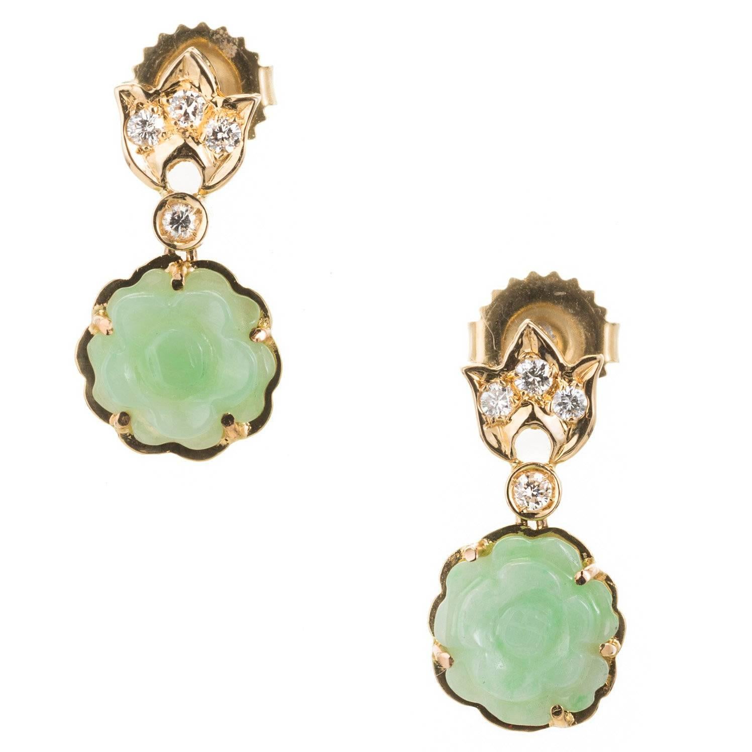 GIA Certified Natural Carved Jadeite Jade Diamond Flower Dangle Earrings