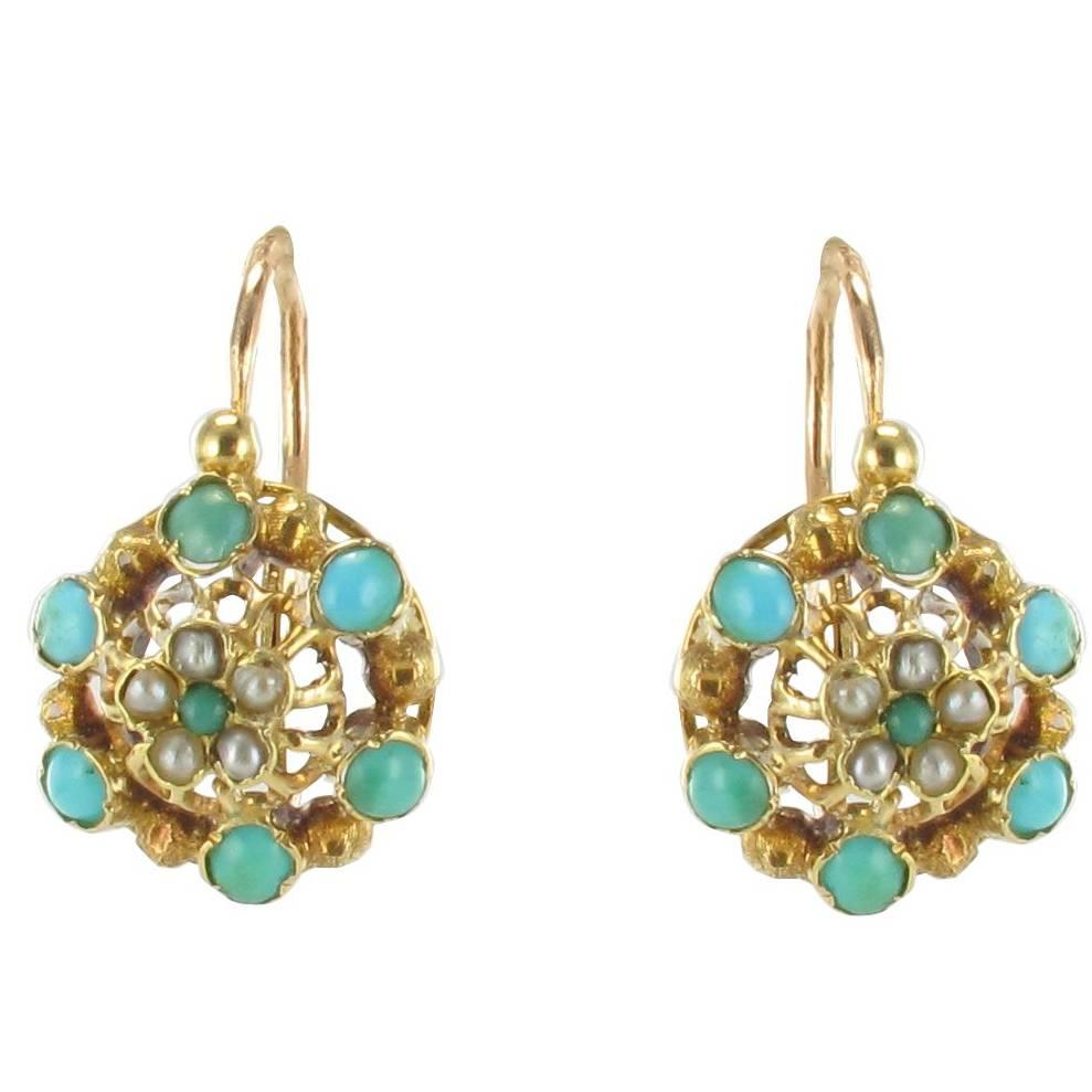 French Napoleon Three Turquoise Natural Pearl Drop Earrings