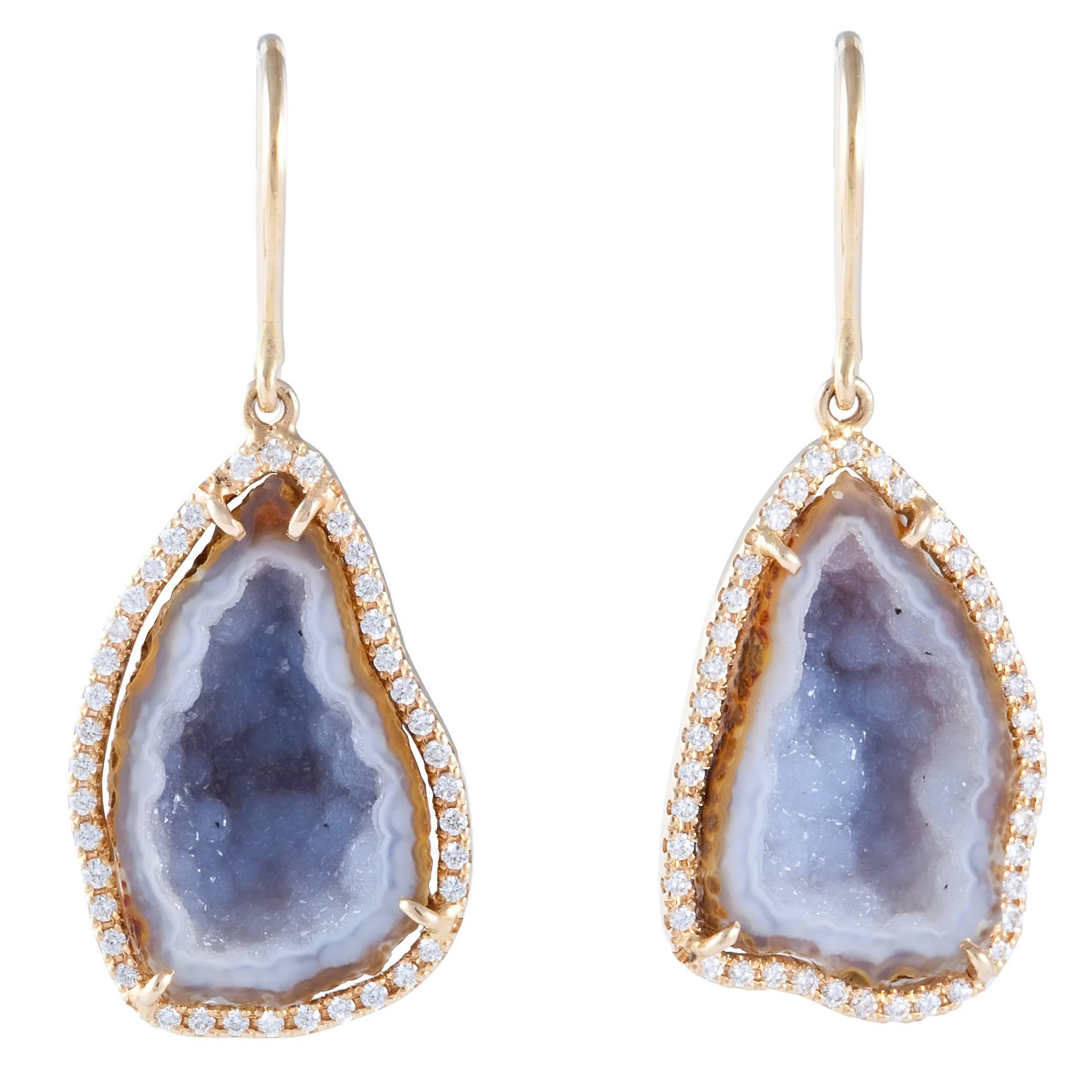 Karolin Rose Gold White Diamond Pavé Hook Agate Geode Earrings For Sale