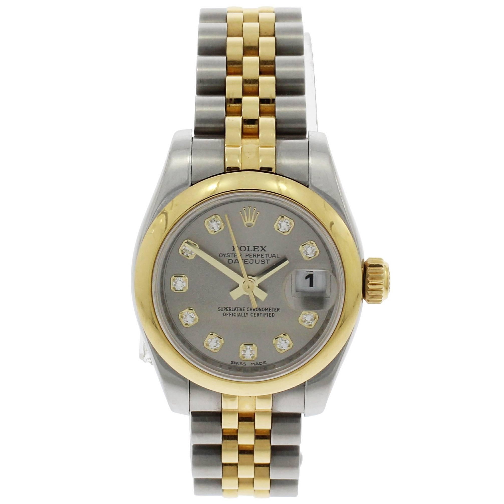 Rolex Yellow Gold Stainless Steel Datejust Diamond Dial Wristwatch Ref 179163
