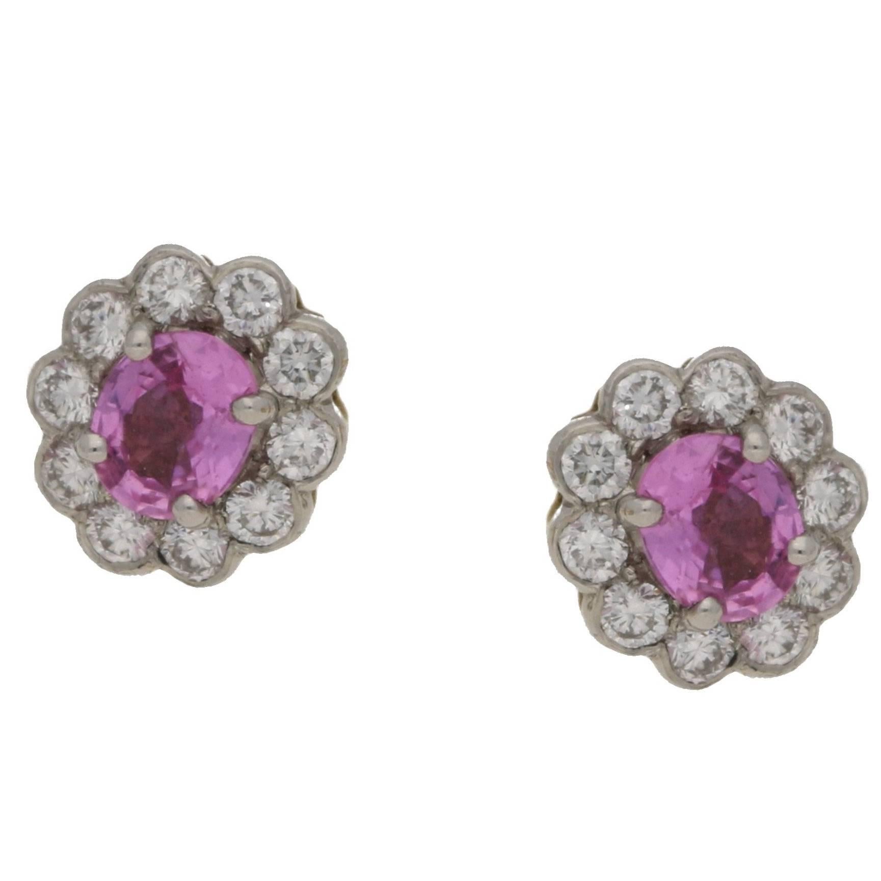 Pink Sapphire Diamond Cluster Stud Earrings
