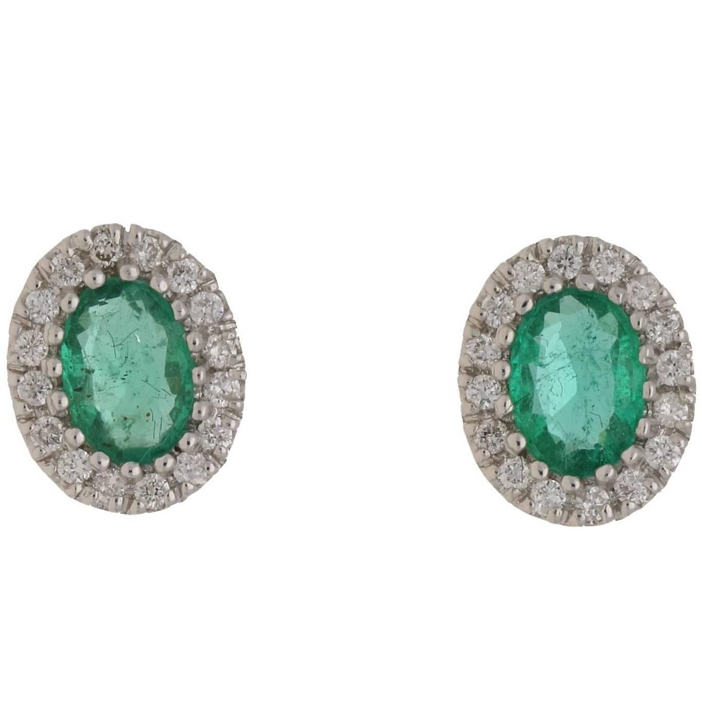Emerald Diamond Oval Gold Cluster Stud Earrings