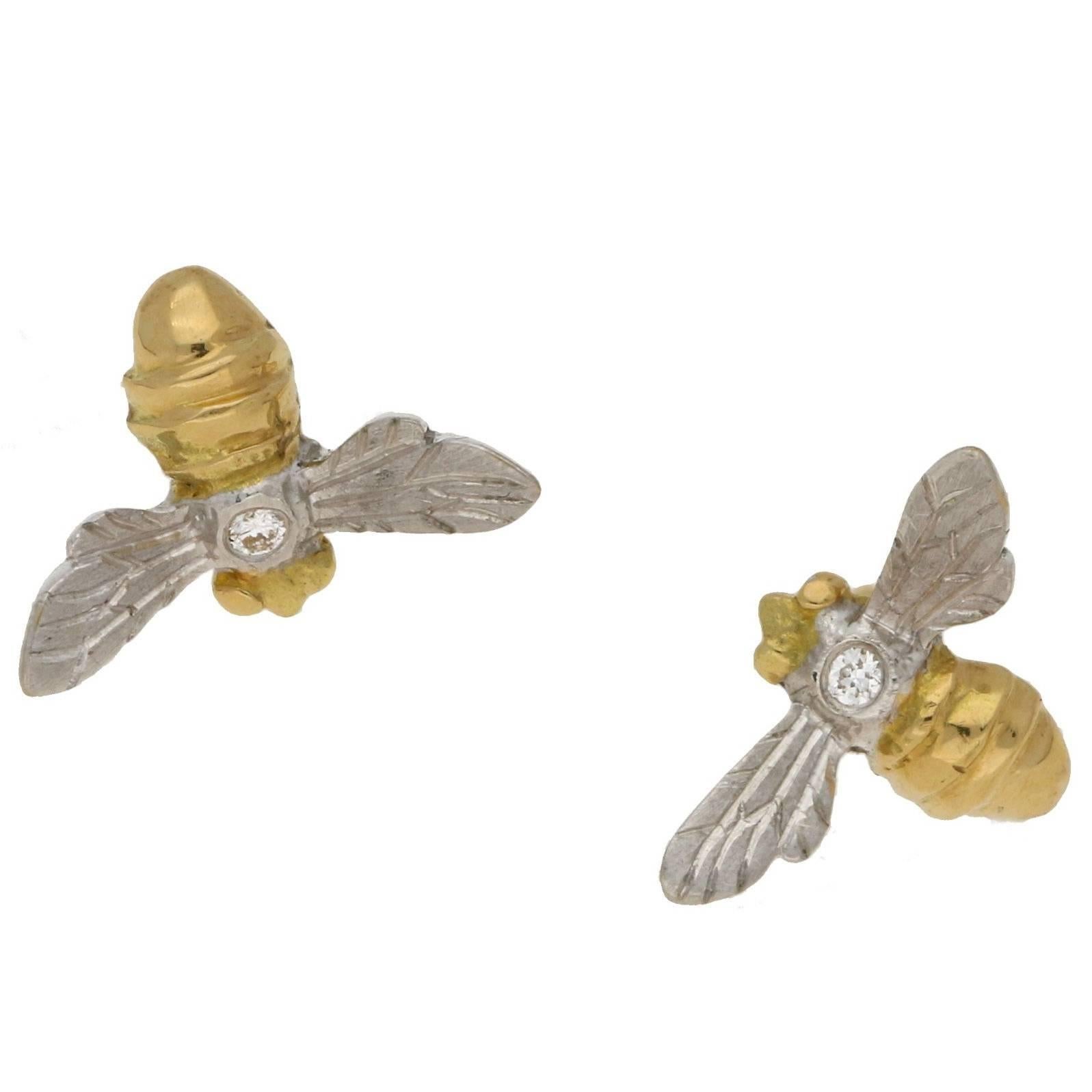 18 Karat Gold Diamond Bee Stud Earrings