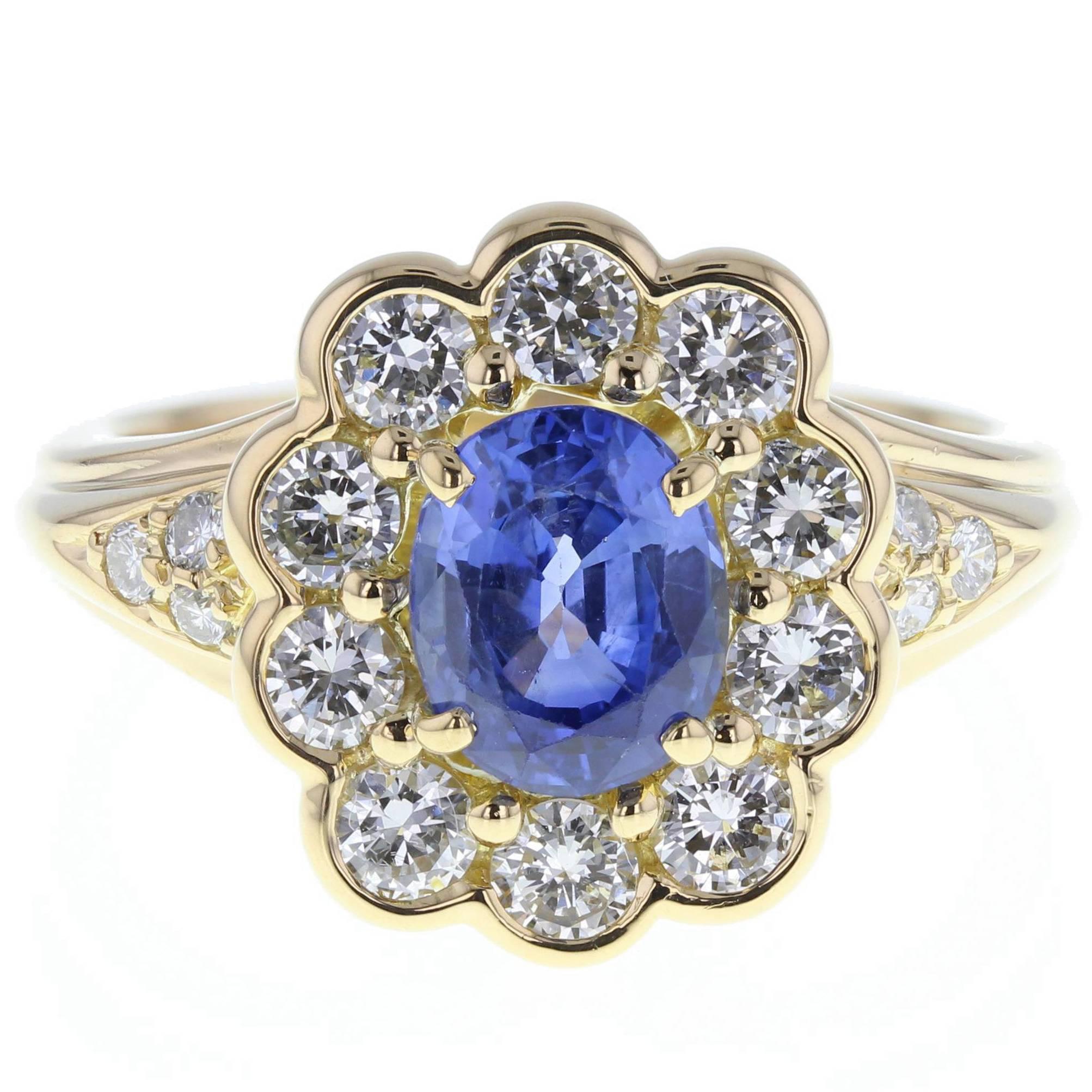 Blue Sapphire Diamond Oval Cluster Gold Ring For Sale