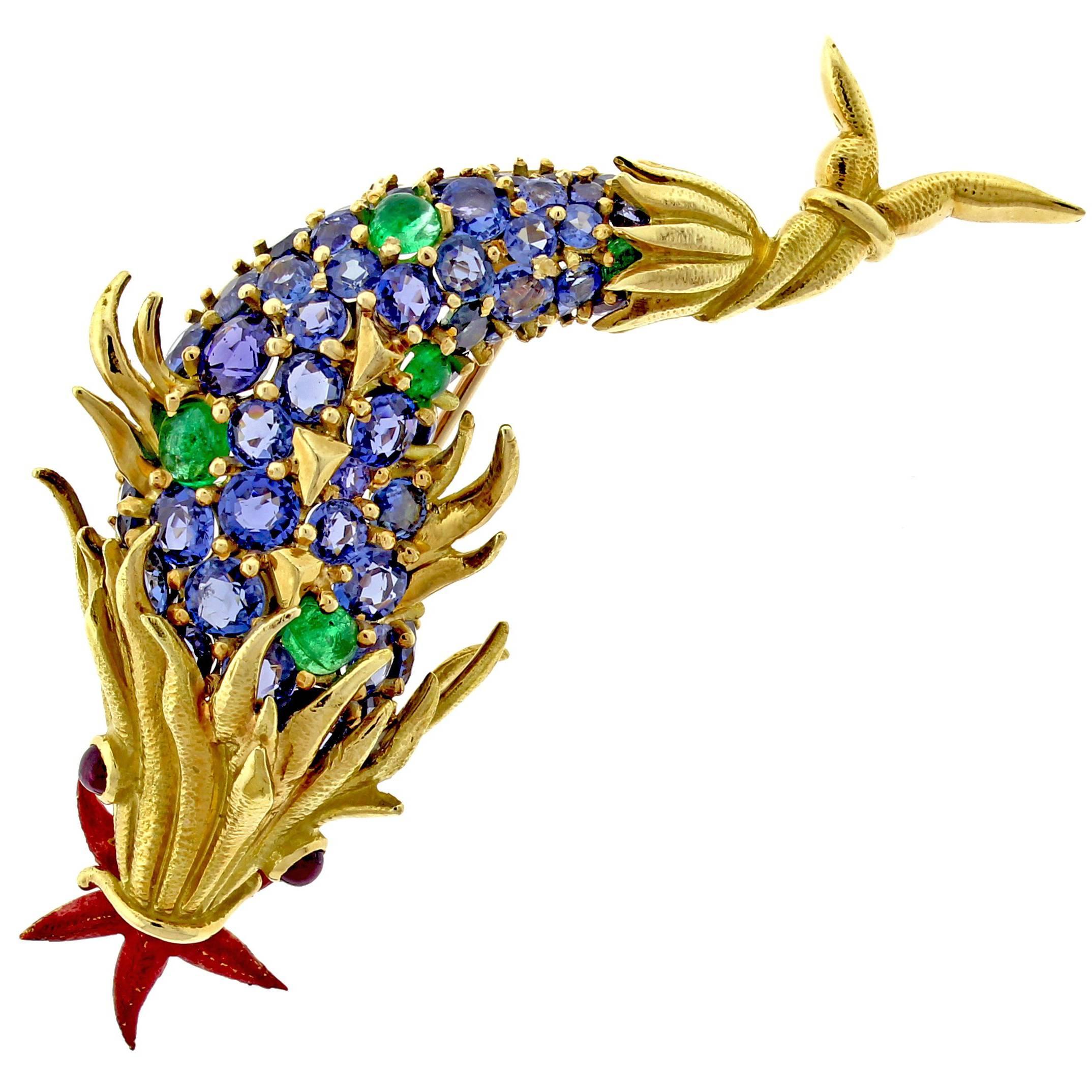  Schlumberger for Tiffany & Co. Sapphire and Emerald and Emerald Fish Brooch