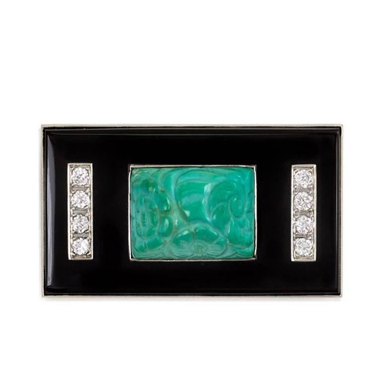 Art Deco Onyx Plaque Brooch with Turquoise and Diamonds