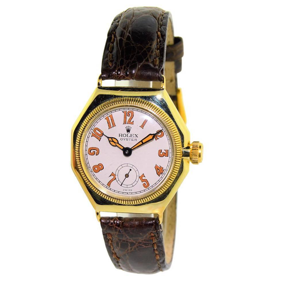 Rolex Yellow Gold Oyster Octagonal Original Oversized Crown Manual Watch 
