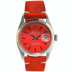 Vintage Rolex White Gold Stainless Steel Datejust Custom Red Dial Watch